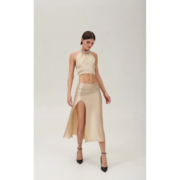Nue Studio Laetitia Skirt in Champagne Gold Silk Belted Crystal